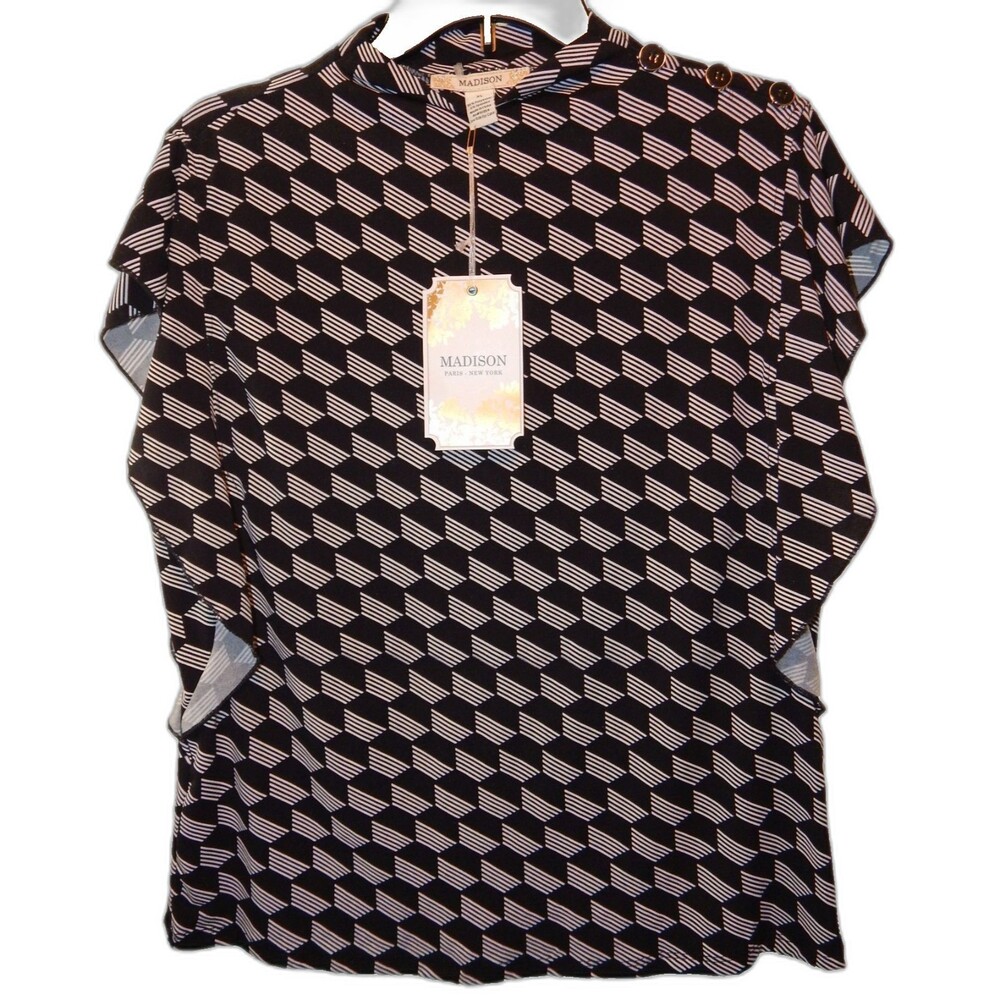 Love by Design MADISON Women's XL Black & White Geometric S/S Blouse NWT $52